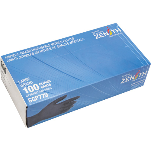 Gants jetables de calibre m&eacute;dical r&eacute;sistants &agrave; la perforation, Grand, Nitrile, 5 mils, Sans poudre, Noir, Classe 2 NRZ Safety Inc.