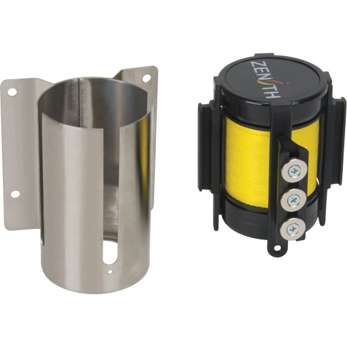 Barri&egrave;re &agrave; fixation murale avec ruban magn&eacute;tique, Acier, Fixation par vis, 12', Ruban Jaune NRZ Safety Inc.