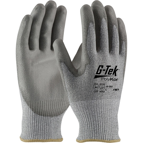 G-Tek&reg; PolyKor&reg; Cut Resistant Gloves, Size Small, 13 Gauge, Polyurethane Coated, Polyethylene Shell, ASTM ANSI Level A4/EN 388 Level 5/EN 388 Level D NRZ Safety Inc.