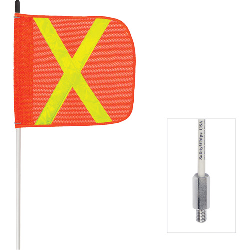 Fanion &agrave; tige en fibre de verre non aliment&eacute; Safety Whip, Fixation Filet&eacute;, Hauteur 6', Orange avec X r&eacute;fl&eacute;chissant NRZ Safety Inc.