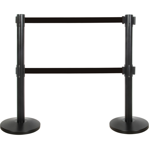 Barri&egrave;re pour le contr&ocirc;le des foules &agrave; courroie double, Acier, 35" h, Ruban Noir, Longueur du ruban 7' NRZ Safety Inc.