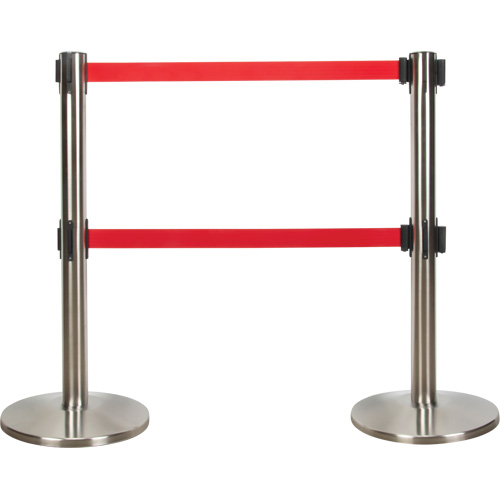 Barri&egrave;re pour le contr&ocirc;le des foules &agrave; courroie double, Acier, 35" h, Ruban Rouge, Longueur du ruban 7' NRZ Safety Inc.