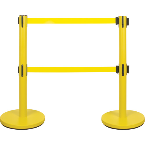 Barri&egrave;re pour le contr&ocirc;le des foules &agrave; courroie double, Acier, 35" h, Ruban Jaune, Longueur du ruban 7' NRZ Safety Inc.