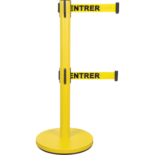 Barri&egrave;re pour le contr&ocirc;le des foules &agrave; courroie double, Acier, 35" h, Ruban Jaune, Longueur du ruban 7' NRZ Safety Inc.
