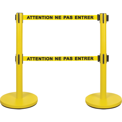 Barri&egrave;re pour le contr&ocirc;le des foules &agrave; courroie double, Acier, 35" h, Ruban Jaune, Longueur du ruban 7' NRZ Safety Inc.