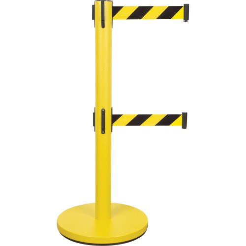 Barri&egrave;re pour le contr&ocirc;le des foules &agrave; courroie double, Acier, 35" h, Ruban Noir/Jaune, Longueur du ruban 7' NRZ Safety Inc.