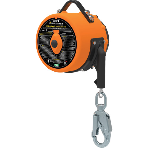 Longe auto-r&eacute;tractable scell&eacute;e &agrave; loquet, 85', 1 Jambe, C&acirc;ble en acier inoxydable, Connexion au harnais Crochet mousqueton NRZ Safety Inc.