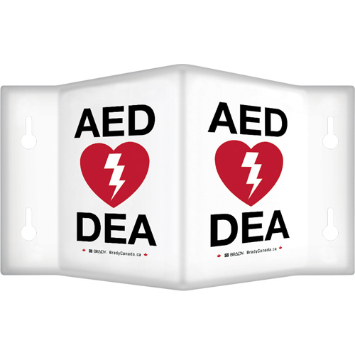 Enseigne &agrave; projection sur 90°  AED/ DEA , 6" x 5", Plastique, Bilingue avec pictogramme NRZ Safety Inc.