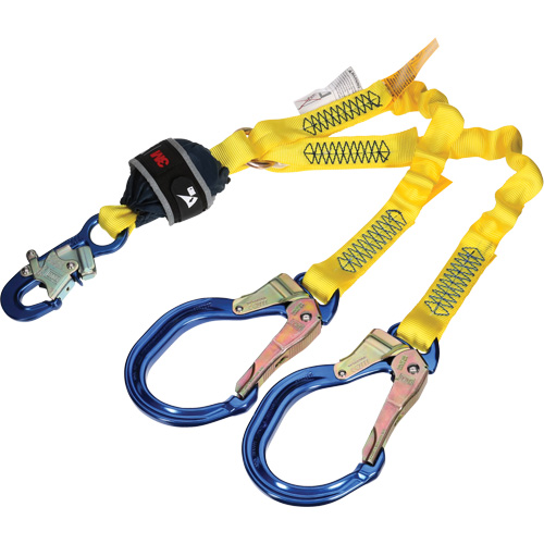 Twin-Leg Stretch Web Shock-Absorbing Lanyard, 4', Rebar Hook Center, Snap Hook Leg Ends NRZ Safety Inc.