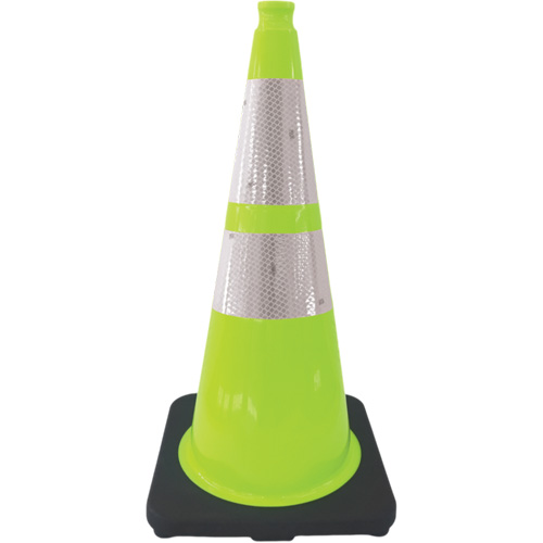 C&ocirc;ne de signalisation de premi&egrave;re qualit&eacute;, 28", Vert lime, Bande(s) r&eacute;fl&eacute;chissante(s) 4" & 6" NRZ Safety Inc.