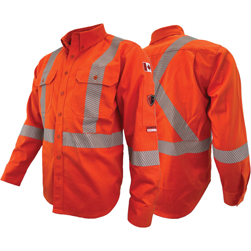 Chandail de travail &agrave; manches longues ignifuge et r&eacute;sistant &agrave; l'arc &eacute;lectrique avec bandes de 2" Atlas Guardian, T-petit, Orange haute visibilit&eacute; NRZ Safety Inc.
