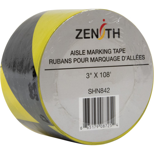 Aisle Marking Tape, 3" x 108', PVC, Black and Yellow NRZ Safety Inc.