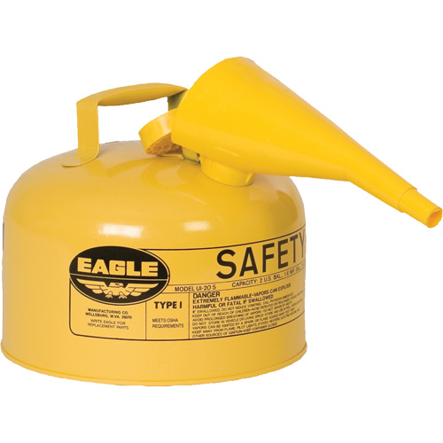 Bidon de s&eacute;curit&eacute; pour le diesel avec entonnoir, Type I, Acier galvanis&eacute;, 2,5 gal. US, Jaune, Homologu&eacute; FM/List&eacute; UL/ULC NRZ Safety Inc.