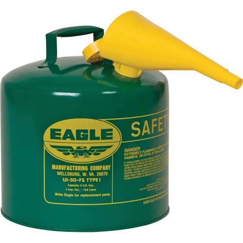 Bidon de s&eacute;curit&eacute; pour les combustibles avec entonnoir, Type I, Acier galvanis&eacute;, 5 gal. US, Vert, Homologu&eacute; FM/List&eacute; UL/ULC NRZ Safety Inc.
