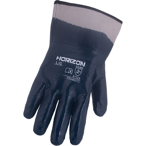 Gants bleu marine avec manchettes renforc&eacute;es &agrave; entoilage coll&eacute; Horizon, Grand, R&ecirc;vetement Nitrile, Enveloppe en Jersey/Coton NRZ Safety Inc.