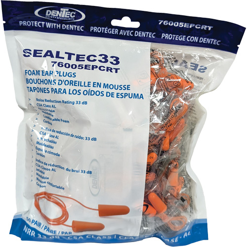 Bouchons d'oreilles coniques jetables en mousse de PU orange SEALTEC33, Vrac - Sac en poly, Avec cordon NRZ Safety Inc.