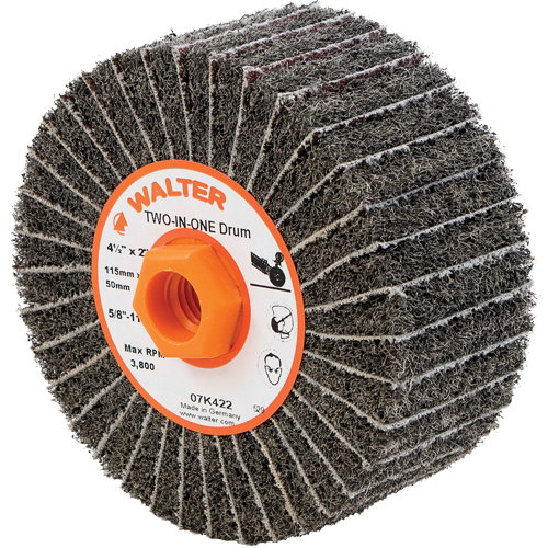 Two-In-One Finishing Drums, 4-1/2" Dia. x 2" W, 5/8"-11 Arbor, Aluminum Oxide NRZ Safety Inc.