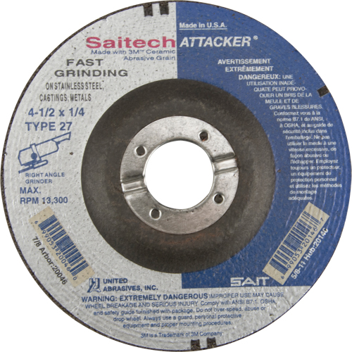 Saitech Attacker&reg; Fast Grinding Wheel, 4-1/2" x 1/4", 7/8" Arbor, Aluminum Oxide/Ceramic, Type 27 NRZ Safety Inc.