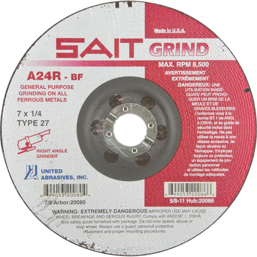 A24R Long Life Grinding Wheel, 7" x 1/4", 7/8" Arbor, Aluminum Oxide, Type 27 NRZ Safety Inc.