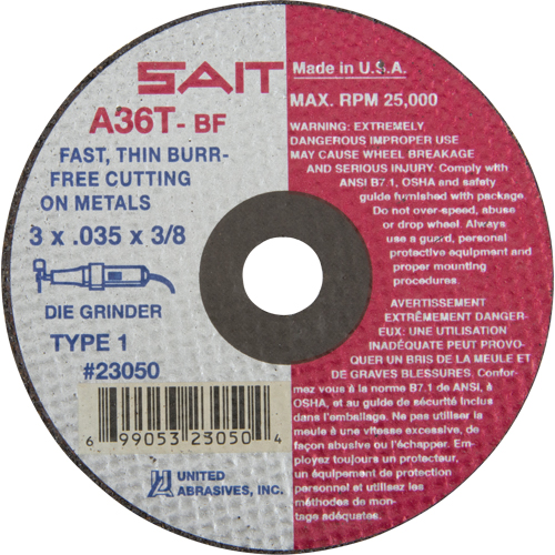 Cut-Off Wheel (A36T), 3" x 0.035", 3/8" Arbor, Type 27, Aluminum Oxide, 25000 RPM NRZ Safety Inc.