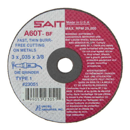 Cut-Off Wheel (A36T), 3" x 0.035", 3/8" Arbor, Type 1, Aluminum Oxide, 25000 RPM NRZ Safety Inc.