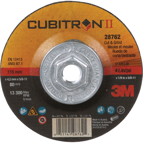 Disque de coupe et de meulage &agrave; changement rapide Cubitron II, 4-1/2" x 1/8", Arbre de 5/8"-11, Type 27, C&eacute;ramique NRZ Safety Inc.