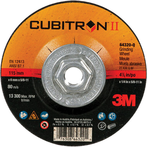 Meule &agrave; moyeu d&eacute;port&eacute; &agrave; changement rapide Cubitron II 64?320, 4-1/2" x 1/4", Arbre de 5/8"-11, Type 27, C&eacute;ramique NRZ Safety Inc.