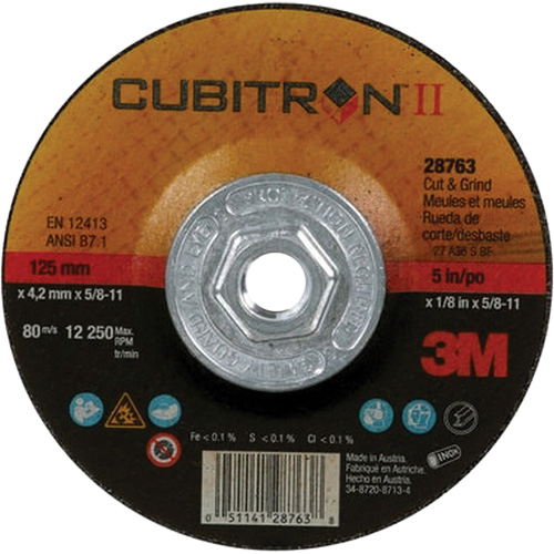 Disque de coupe et de meulage &agrave; changement rapide Cubitron II, 5" x 1/8", Arbre de 5/8"-11, Type 27, C&eacute;ramique NRZ Safety Inc.