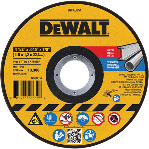 Metal Cut-Off Wheel, 4-1/2" x 0.045", 7/8" Arbor, Aluminum Oxide, Type 1 NRZ Safety Inc.