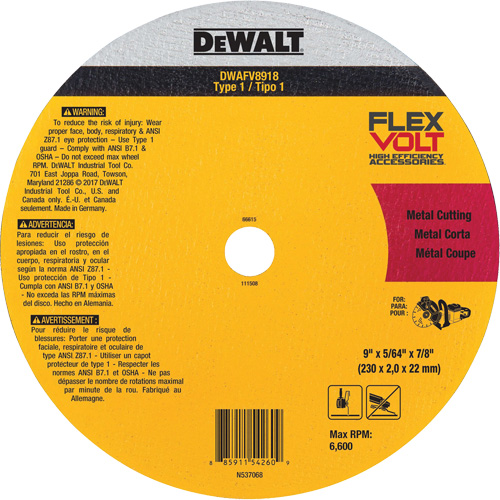 FlexVolt&reg; Metal Cut-Off Wheel, 9-1/16" x 0.078", 22.23 mm Arbor, Ceramic, Type 1 NRZ Safety Inc.