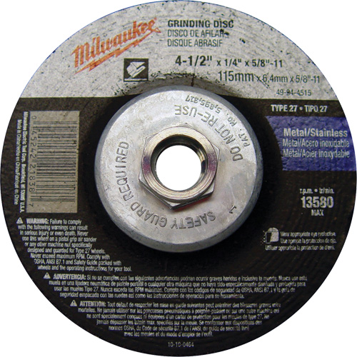 Grinding Wheel, 4-1/2" x 1/4", 5/8"-11 Arbor, Aluminum Oxide, Type 27 NRZ Safety Inc.