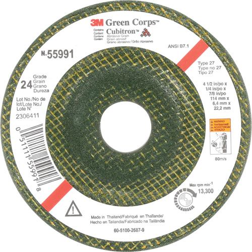Green Corps Depressed Centre Wheel, 4-1/2" x 1/4", 7/8" Arbor, Ceramic, Type 27 NRZ Safety Inc.