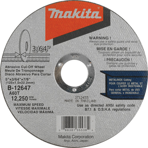Thin Kerf Cut-Off Wheel, 5" x 3/64", 7/8" Arbor, Type 1, Aluminum Oxide, 12250 RPM NRZ Safety Inc.