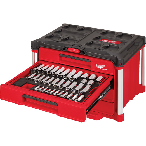 Ensemble de 242 pi&egrave;ces de douilles et cliquets m&eacute;triques et SAE 1/4", 3/8" et 1/2" avec boîte &agrave; outils PACKOUT &agrave; 4 tiroirs, 16-3/10" x 22-1/5" x 14-3/10", Noir/Rouge NRZ Safety Inc.