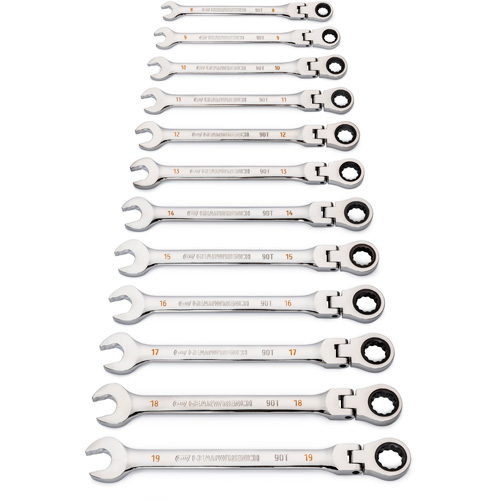 Jeu de cl&eacute;s &agrave; 12 pans et 90 dents, T&ecirc;te articul&eacute;e/Combinaison &agrave; cliquet, 12 morceaux, M&eacute;trique NRZ Safety Inc.