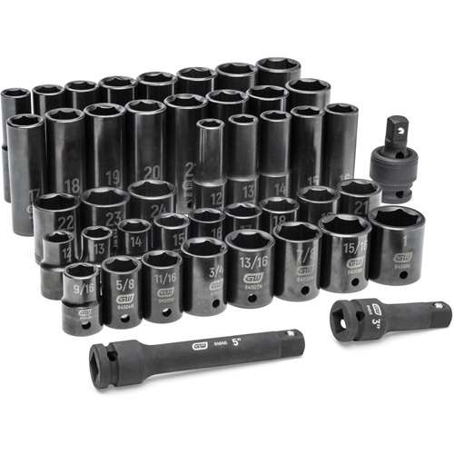 6 Point SAE/Metric Socket Set, 44 Pcs, Impact, 1/2" Drive Size, Deep NRZ Safety Inc.