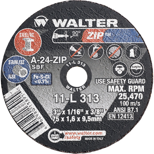 Zip Cut-Off Wheel, 3" x 1/4", 3/8" Arbor, Type 1, Aluminum Oxide, 25470 RPM NRZ Safety Inc.