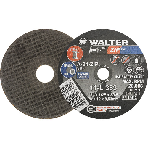 Zip Cut-Off Wheel, 3" x 1/2", 3/8" Arbor, Type 1, Aluminum Oxide, 25470 RPM NRZ Safety Inc.