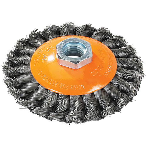 Knot-Twisted Saucer Cup Wire Wheel, 7" Dia., 0.02" Fill, 5/8"-11 Arbor, Steel NRZ Safety Inc.