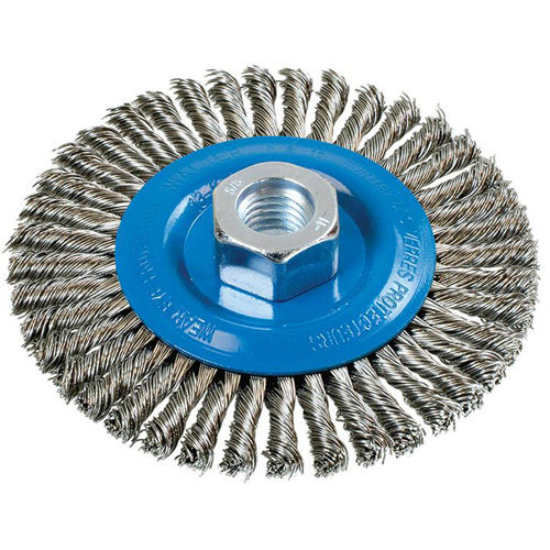 Brosse &agrave; fils nou&eacute;s pour cordons de soudure, Dia. 4-1/2", Fils 0,02", Arbre 5/8"-11, Aluminium/Acier inoxydable NRZ Safety Inc.