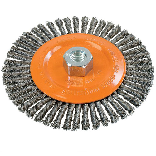 Brosse &agrave; fils nou&eacute;s pour cordons de soudure, Dia. 6", Fils 0,02", Arbre 5/8"-11, Acier NRZ Safety Inc.