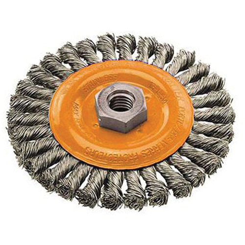 Brosse rotative &agrave; fils nou&eacute;s large, Dia. 4", Fils 0,02", Arbre 5/8"-11, Acier NRZ Safety Inc.