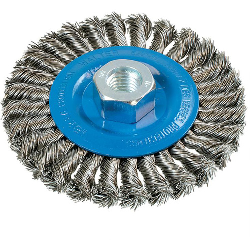 Wide Knotted Wire Wheel Brush, 4-1/2" Dia., 0.02" Fill, 5/8"-11 Arbor, Aluminum/Stainless Steel NRZ Safety Inc.