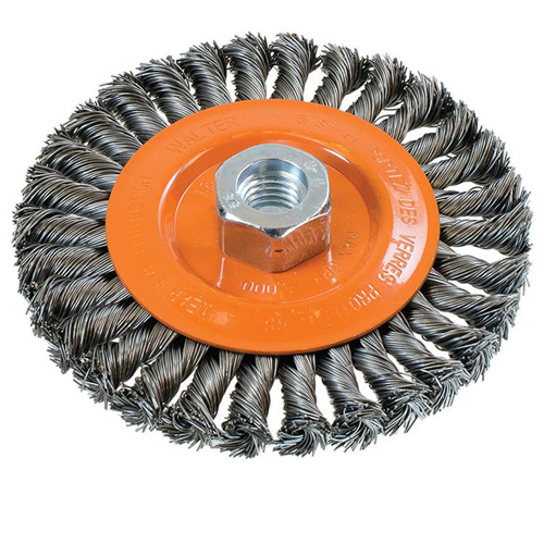 Brosse rotative &agrave; fils nou&eacute;s large, Dia. 5", Fils 0,02", Arbre 5/8"-11, Acier NRZ Safety Inc.
