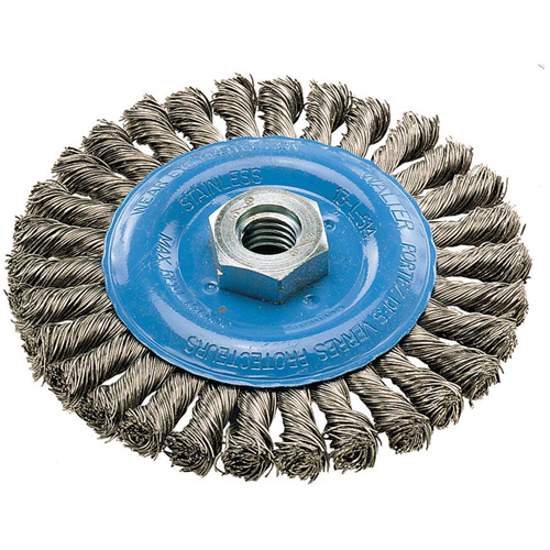 Brosse rotative &agrave; fils nou&eacute;s large, Dia. 5", Fils 0,02", Arbre 5/8"-11, Aluminium/Acier inoxydable NRZ Safety Inc.