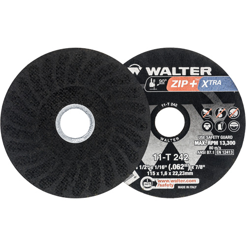 Meules &agrave; tronçonner renforc&eacute;es Zip+ pour meuleuse &agrave; angle droit, 4-1/2" x 1/16", Arbre de 7/8", Type 1, Alumine de zirconium, 13 300 Tr/min NRZ Safety Inc.