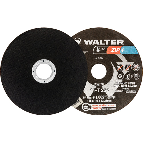 Meules &agrave; tronçonner renforc&eacute;es Zip+ pour meuleuse &agrave; angle droit, 5" x 1/16", Arbre de 7/8", Type 1, Alumine de zirconium, 12 200 Tr/min NRZ Safety Inc.