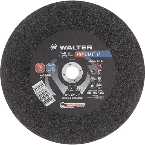Ripcut II High Performance Cut-Off Wheel for Stationary Saws, 12" x 1/8", 1" Arbor, Type 1, Aluminum Oxide, 5100 RPM NRZ Safety Inc.