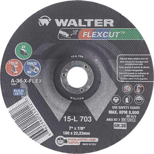 Meules &agrave; moyeu d&eacute;port&eacute; Flexcut, 7", 36 Grain, Oxyde d'aluminium, 7/8", 8600 Tr/min, Type 29 NRZ Safety Inc.