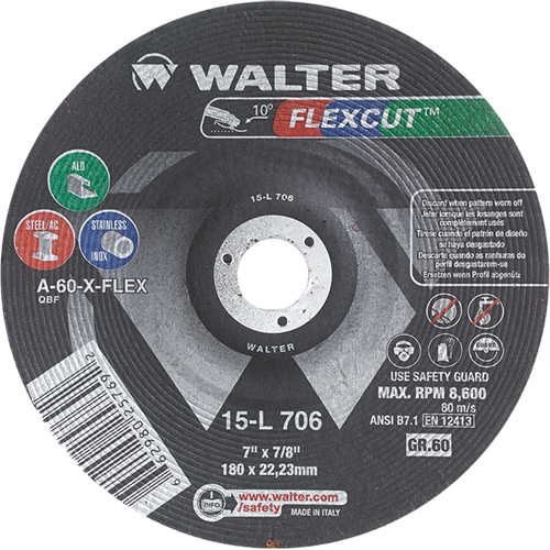 Meules &agrave; moyeu d&eacute;port&eacute; Flexcut, 7", 60 Grain, Oxyde d'aluminium, 7/8", 8600 Tr/min, Type 29 NRZ Safety Inc.